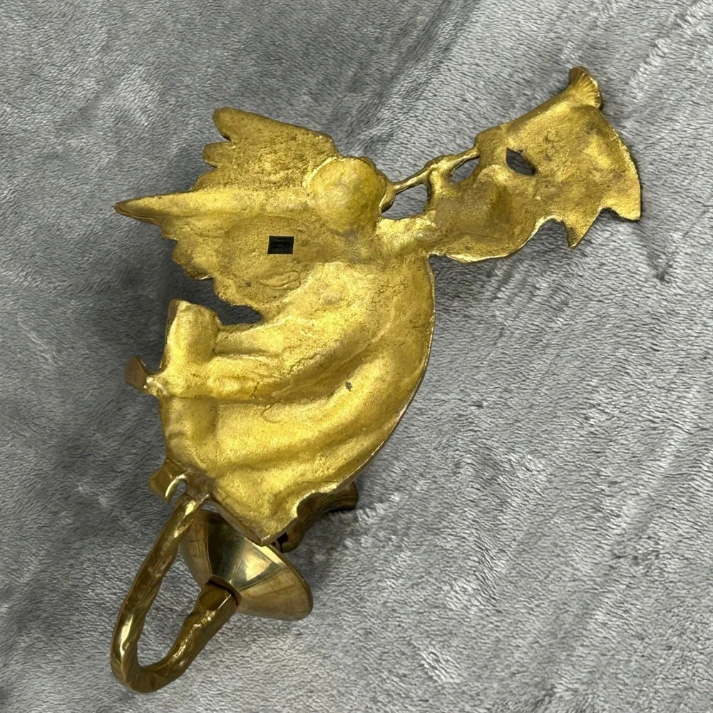 Vintage Brass Angel Wall Sconce Candle Holder Trumpet India Gold Tone 9.5 Inch